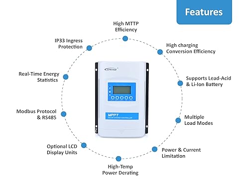 Miniatura 7 de EPEVER Controlador de carga solar MPPT serie XTRA4215N, carga y descarga máxima de 40 A, conversión de energía de alta eficiencia, ideal para