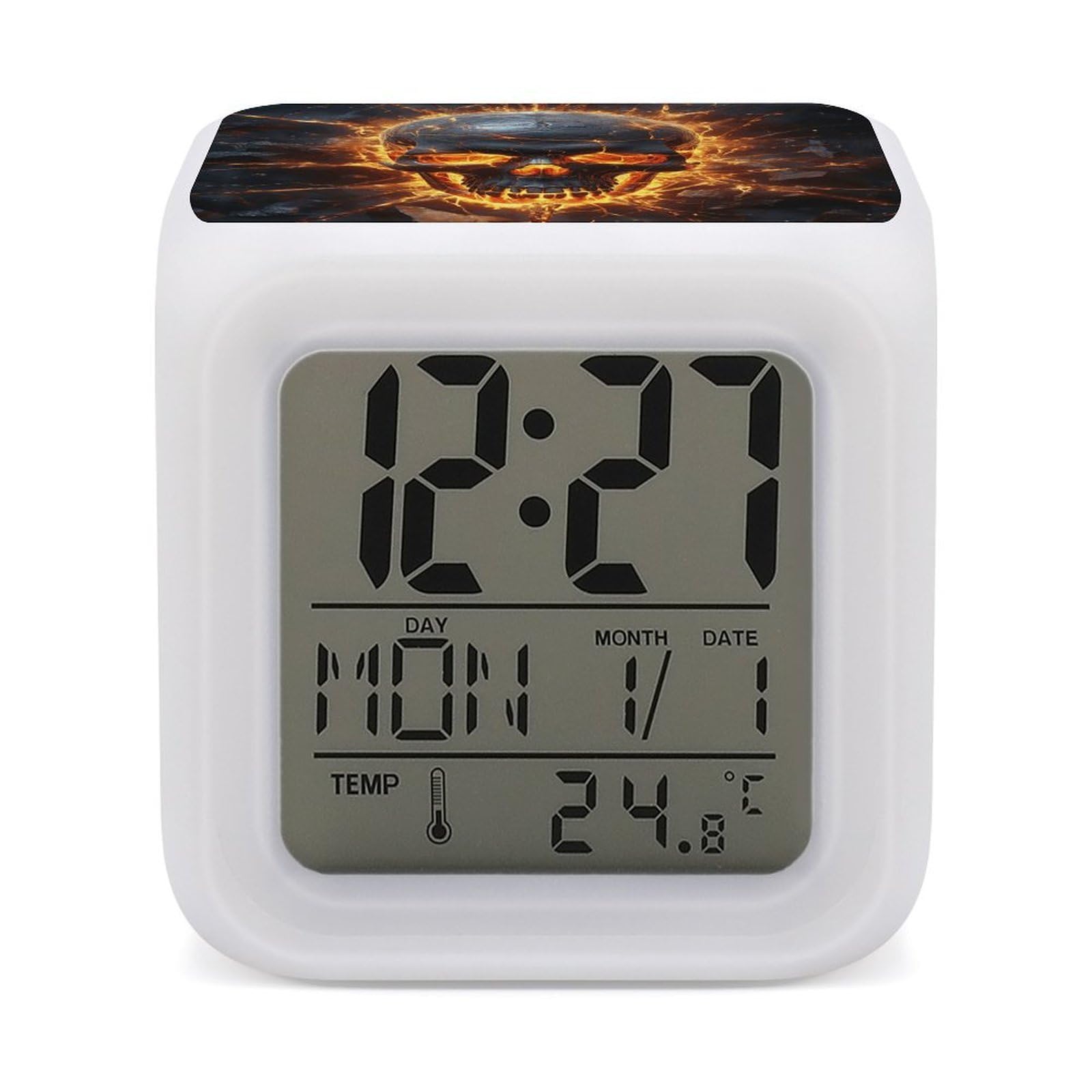 DWVTSLH Shattering of Skull Alarm Clock with 7 Color Changing Night Light, Wake Up Digital Clock for Bedroom, Bedside Cube Clock with Date, Temperature, Battery Operated Desk Clock Gift