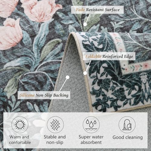 Image of Non Slip Vintage Floral with Ornate Border Hallway Runner Rug - Long Runner Rugs 2x6 Washable Kitchen Floor Mat, Laundry Room Rug, Bathroom Runner