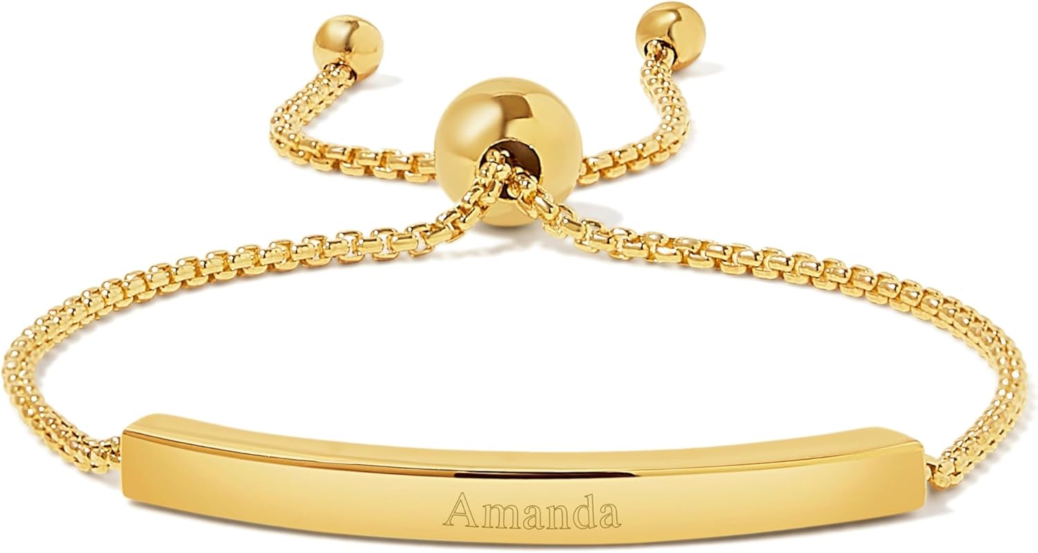 EVE'S ADDICTION Women's Engravable Name Bar Gold Bolo Adjustable Beaded Bracelet, 10" long - Custom Engraved Name Bracelet - Friendship Bracelets - Personalized Gift for Her - Gifts for Mom