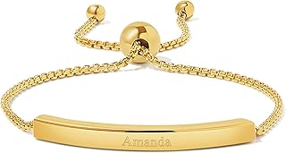 Women's Engravable Name Bar Gold Bolo Adjustable Beaded Bracelet, 10