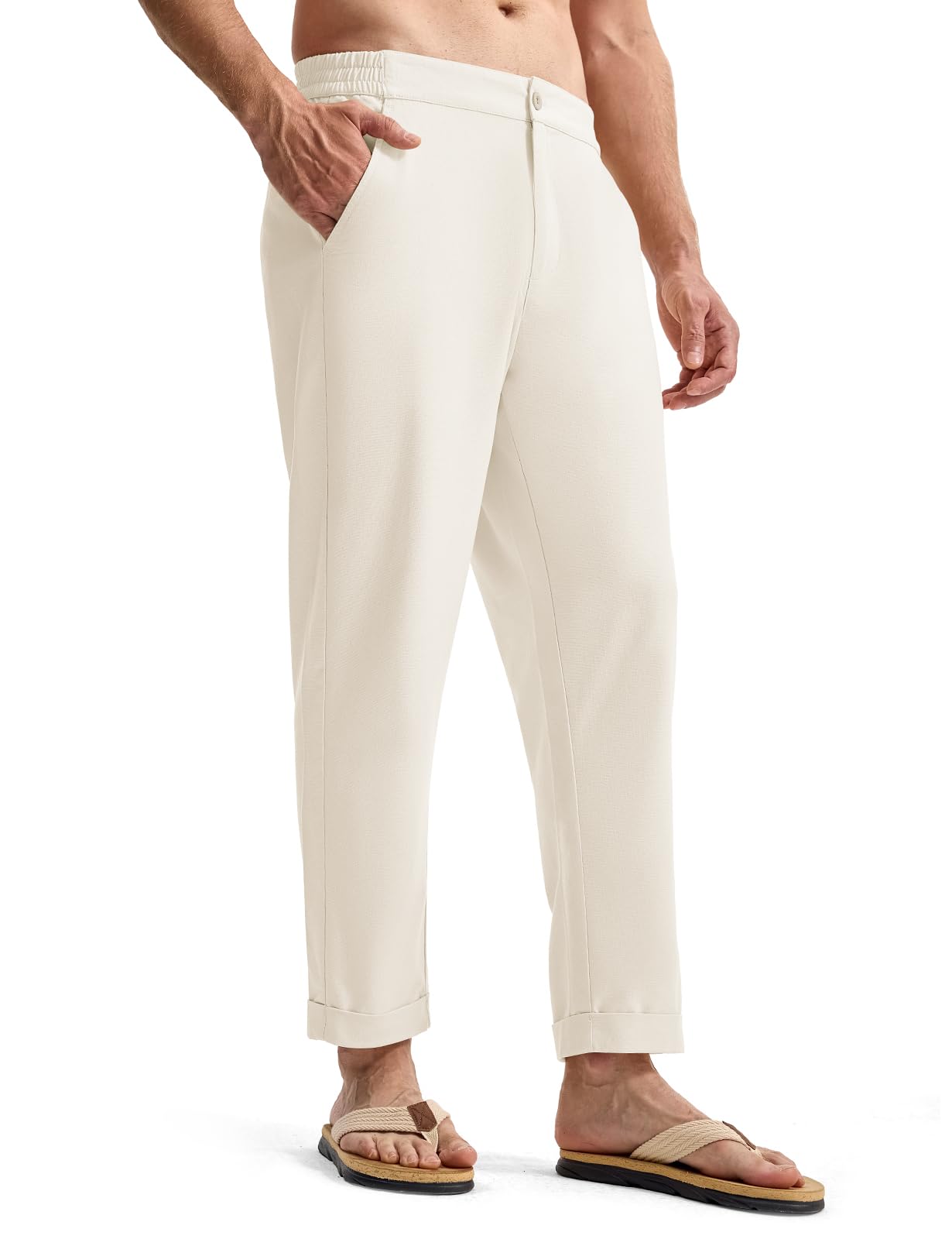 TBMPOY Mens Linen Pants Casual Lightweight Beach Summer Pants Elastic Waist Slim Fit Trousers