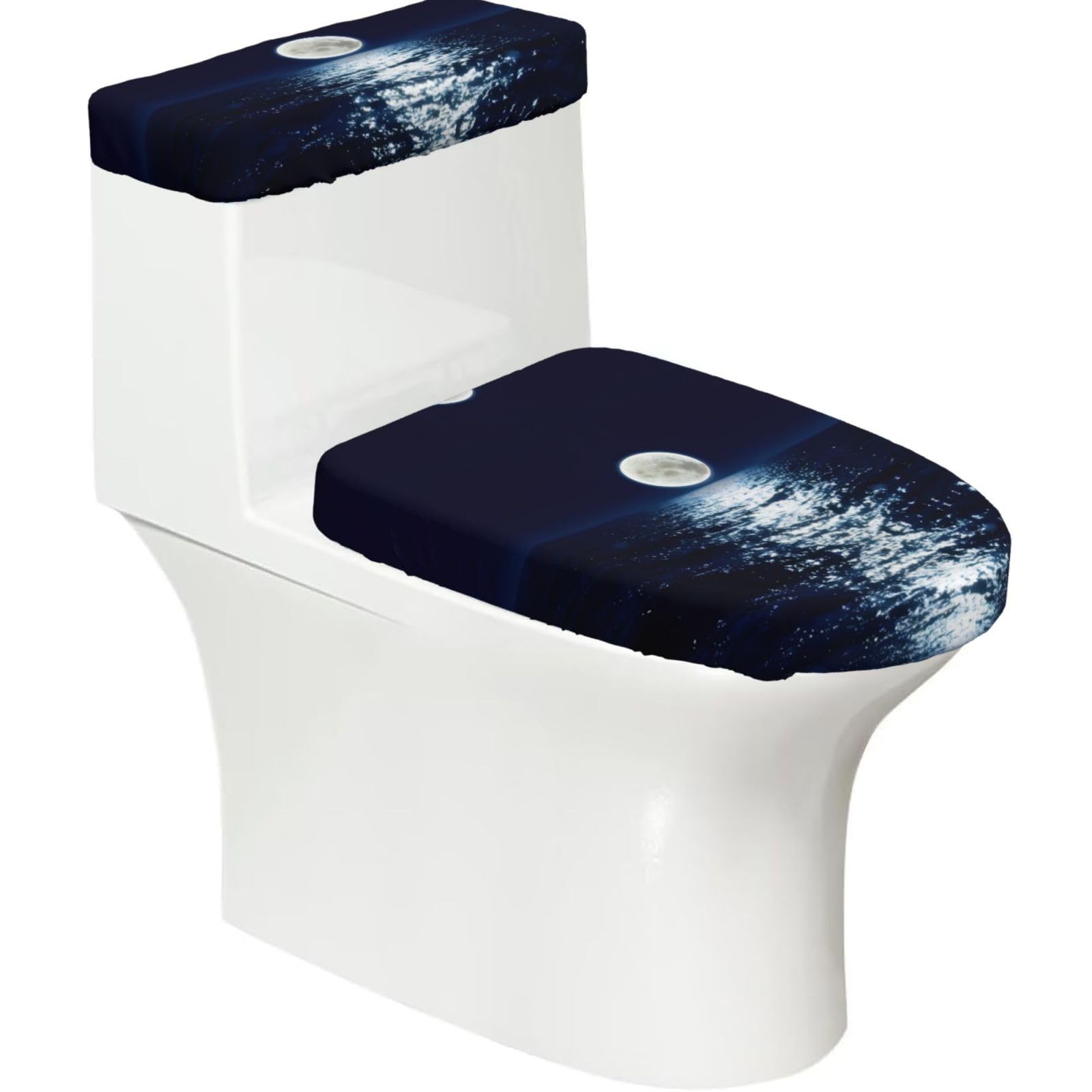 Wzycwb Black Full Moon In Night 2-Piece Toilet Seat Cover Set With Tank Lid, Elastic Fit For U-Shape & Elongated Toilets, Bathroom Decor, Housewarming Gift