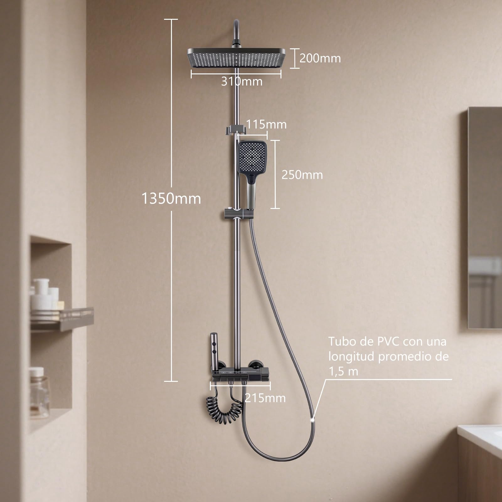 Columna Ducha con Grifo, Ducha de Bano Columna con Pantalla Digital LED - Cabezal Cuadrado, Altura Ajustable Ducha de Mano, Grifo para Bañera y Rociador Auxiliar - Baño de Lujo y Confort
