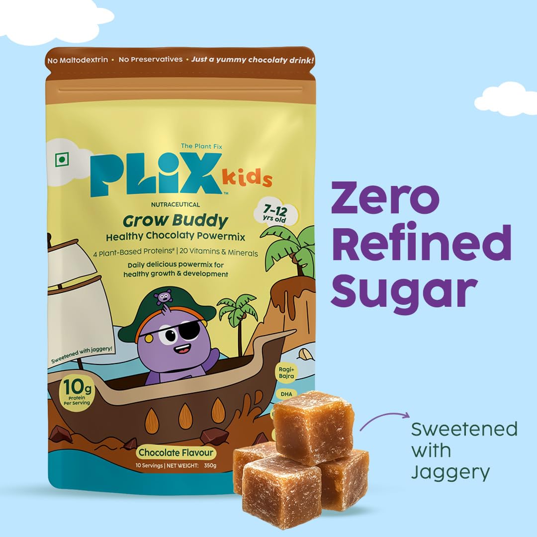 PLIX Kids Grow Buddy Chocolaty Powermix | 10g Protein | 20 Vitamins & Minerals | DHA & L-Arginine | Healthier Growth & Stronger Bones | Zero Refined Sugar | 7+ Years (Pack of 2) 4