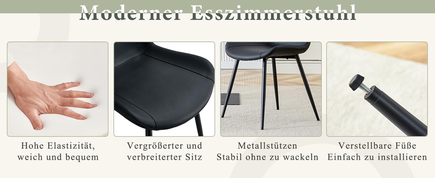 Set 4 Sedie da Pranzo Moderne in PU Leather, Sedute Ampie con Schienale Ergonomico, Piedi in Metallo Antiscivolo, Sedia per Esszimmer e Home-Office, Nero, 50x47x83cm