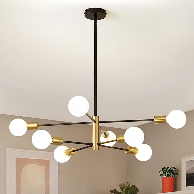 RUIYEY Modern Sputnik Chandeliers Black and Gold Mid Century Chandelier 8-Light Dining Room Light Fixture Height Adjustable Ceiling Lights Farmhouse Chandeliers for Kitchen Island Living Room