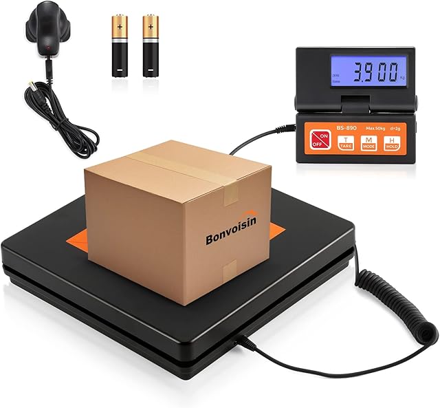 Bonvoisin Postal Scale Digital 50kg/110lb Parcel Shipping Scale with Separate Large LCD Display, 2 AAA Batteries & UK Power Adapter Included, g/kg/oz/lb Switchable, with Stable & Hold Indication