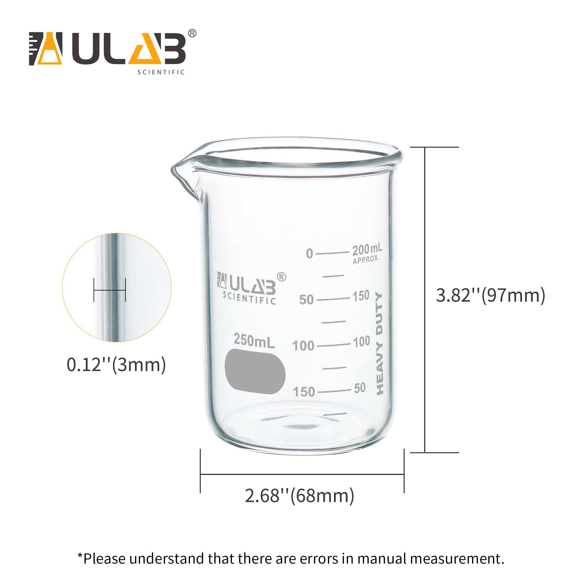 ULAB Scientific UBG1015 - Juego de vasos de precipitados de vidrio (250 ml, 3.3 borosilicato Griffin de forma baja con graduación impresa, 4 unidades)