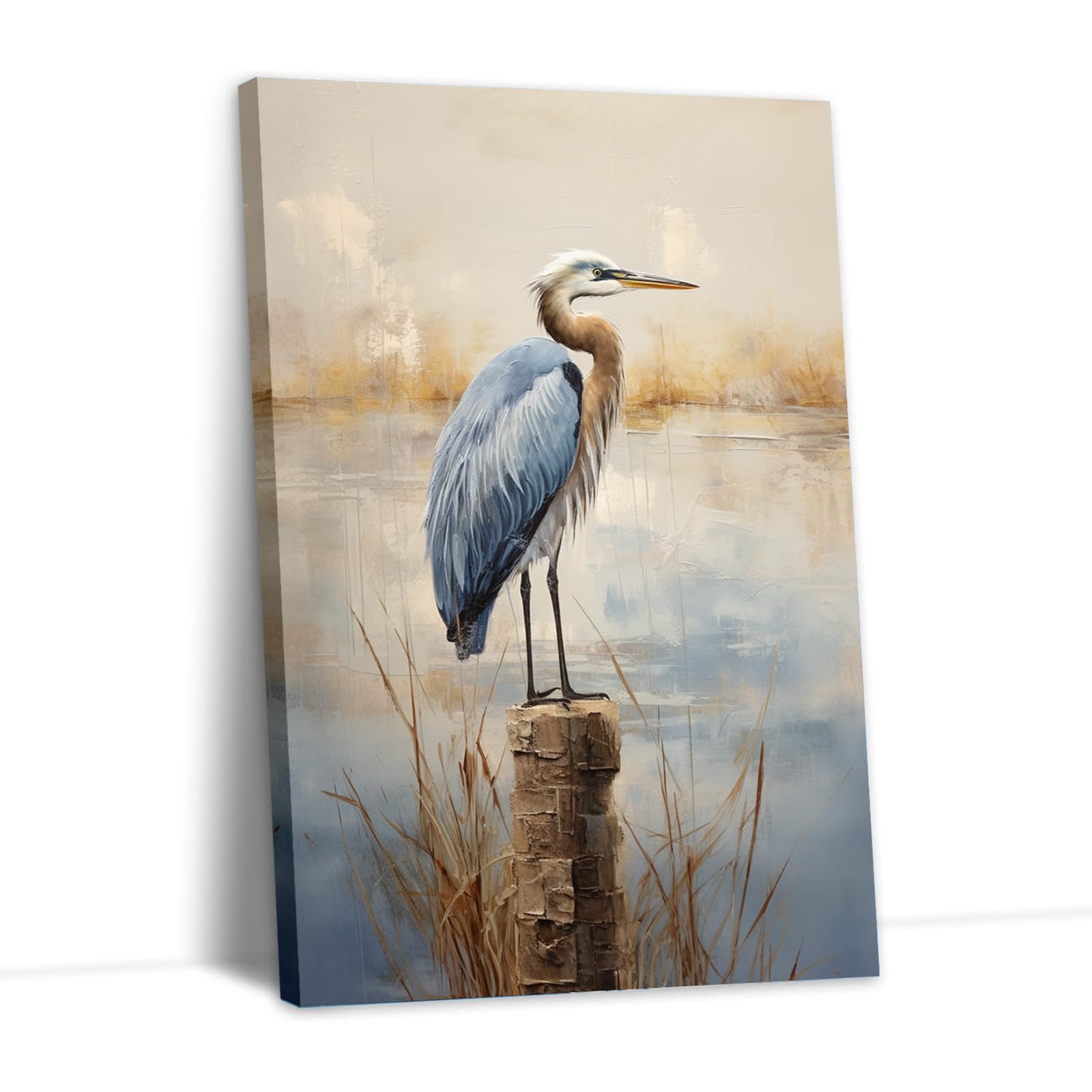 Heron Wall Art Coastal Bathroom Wall Decor Abstract Seabird Painting 16x24 Inch