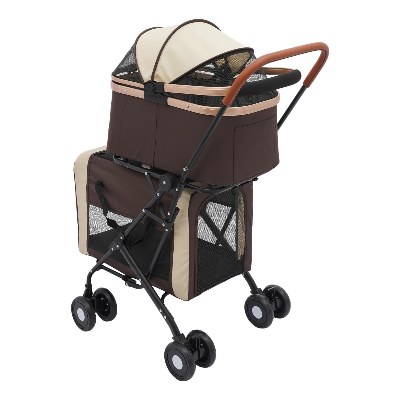 2 Etagen Hundewagen Faltbar mit 2 Abnehmbaren Transportboxen, Haustierwagen für 2 Hunde oder Mehrere Katzen bis 35kg, faltbarer Kinderwagen für kleine und mittelgroße Hunde, 46x58x97 cm, Braun
