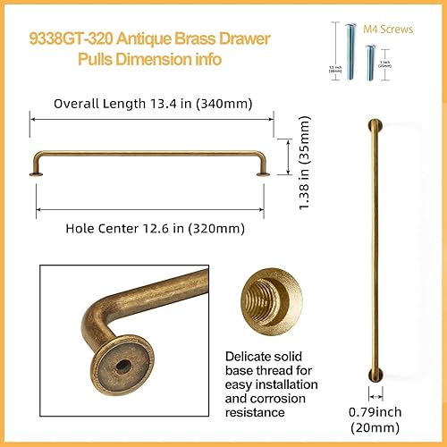 Miniatura 4 de Goo-Ki Paquete de 6 tiradores de latón antiguo para cajones de gabinete, agujero de 12.6 pulgadas, aleación de zinc maciza, barra de bronce vintage,
