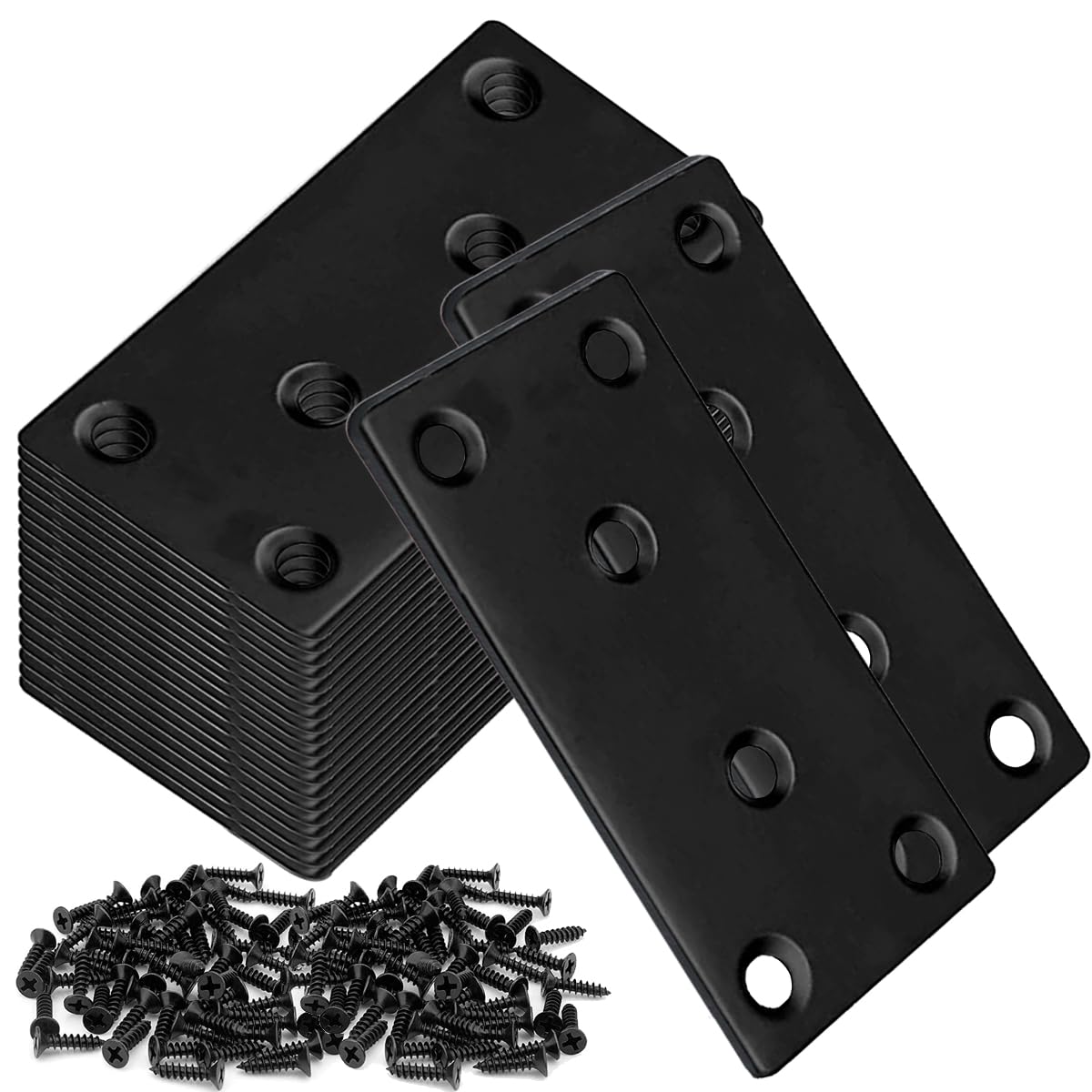 Paquete de 20 placas de reparación planas negras de 3 x 1.5 pulgadas, soporte de reparación de placas de unión de acero inoxidable para valla de muebles de madera