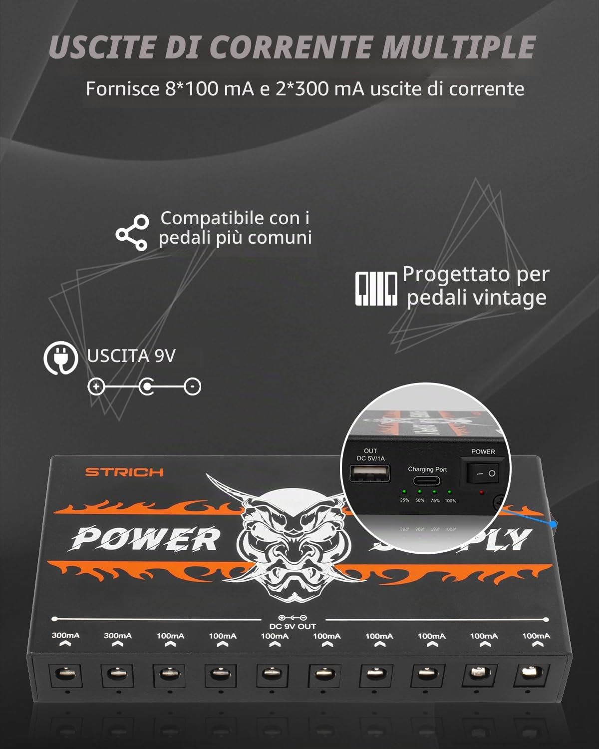 STRICH SPS-40B - Alimentatore a pedale con 10000 mAh 10 uscite DC 9 V (2 x 300 mA, 8 x 100 mA), jack per pedali per chitarra e basso, batteria ricaricabile per effetti a pedale per chitarra, porta USB