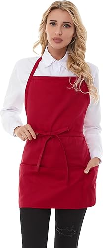 Miniatura 2 de Delantales de chef para mujer con 3 bolsillos, delantal de trabajo de cocina para cocinar, delantal corto de algodón para barbacoa con cinturón
