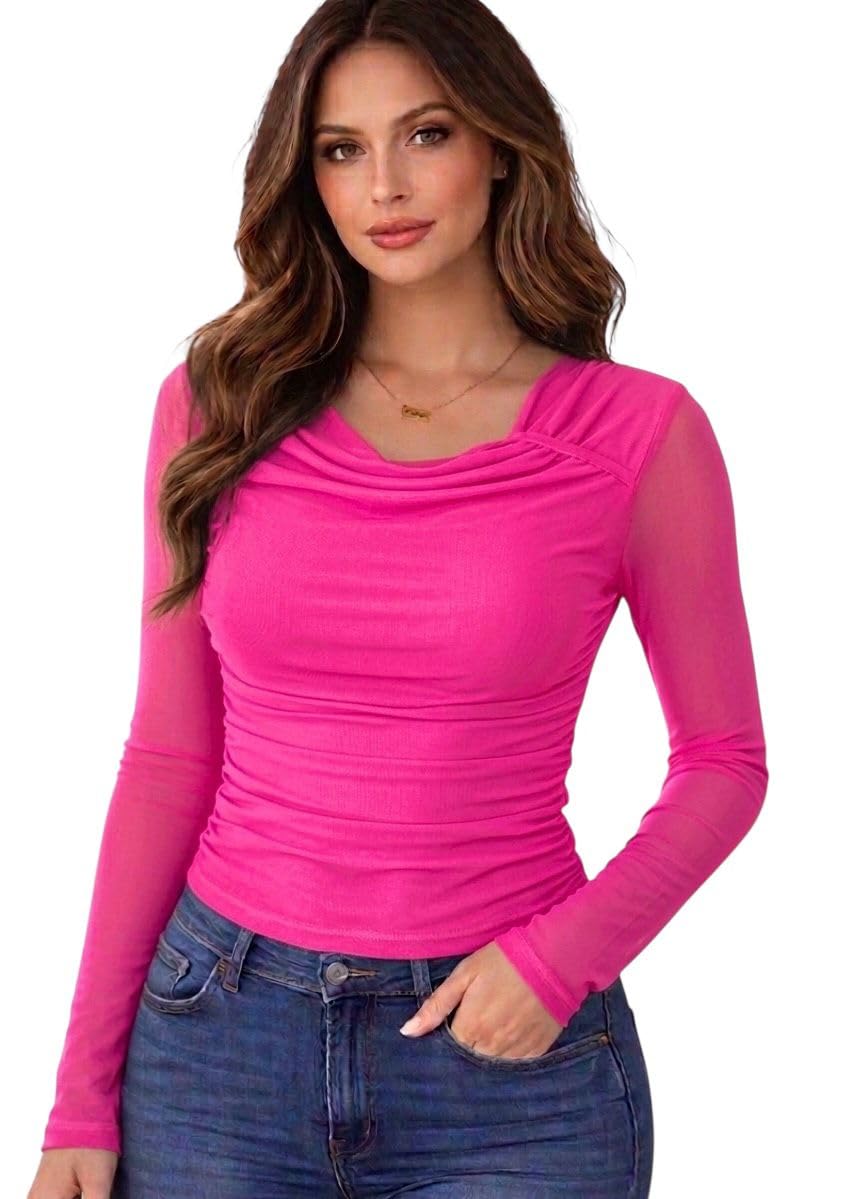 Women's Ruched Mesh Top, Long Sleeve, Cowl Neck, Figure-Flattering Fitted Style, Brown-picture-47