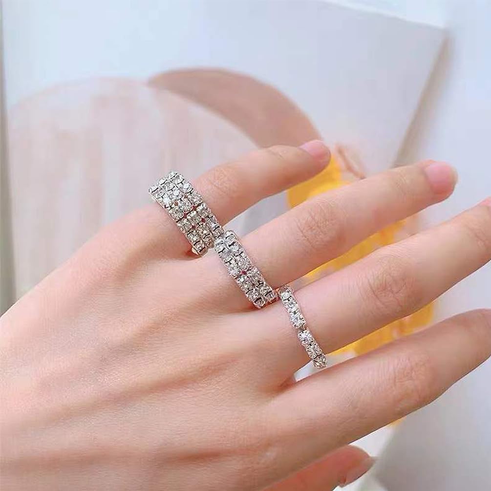 Sparkly Rhinestone Stackable Elastic Rings Set for Women Lady, Bling Silver Crystal Wide Band Finger Rings Trendy Multi-Row Stuff Jewelry Accessories Gift - Image 2