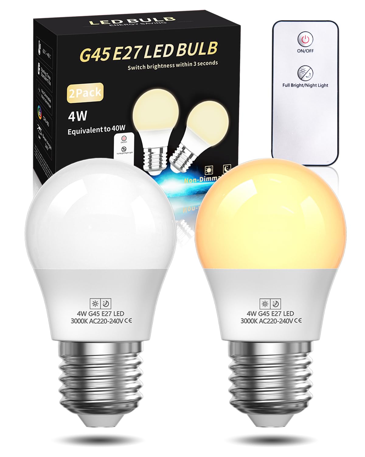 Lamptobe E27 LED Glühbirne Mit Fernbedienung, Nachtlicht Warmlicht 3000K 4W (Ersetzt 40W) P45 E27 Leuchtmittel 2 Modi Für Schlafzimmer, Babyzimmerlicht, Tischlampe(Nicht Dimmbar, 2 Stück
