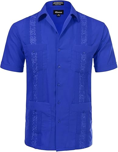Allsense - Camisa guayabera cubana de manga corta con botones para hombre