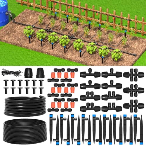 MIXC 101FT Drip Irrigation System, Easy to Setup Automatic Garden System with Anti-UV 1/4" & 1/2" Tubing - Water-Saving Adjustable Nozzles & Sprinklers for Patio, Greenhouse, Raised Bed, Potted Plants