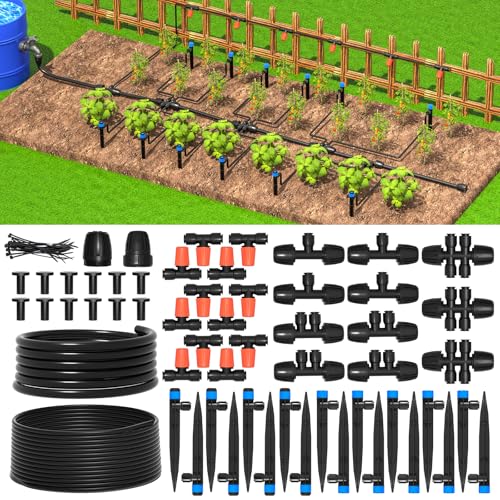 MIXC Greenhouse Micro Drip Irrigation Kit Automatic Irrigation System Patio Misting Plant Watering System with 1/4 inch 1/2 inch Irrigation Tubing Hose Adjustable Nozzle Emitters Barbed Fitt