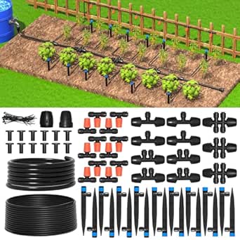 MIXC micro drip irrigation kit with tubing, emitters, stakes, connectors, and garden bed layout image