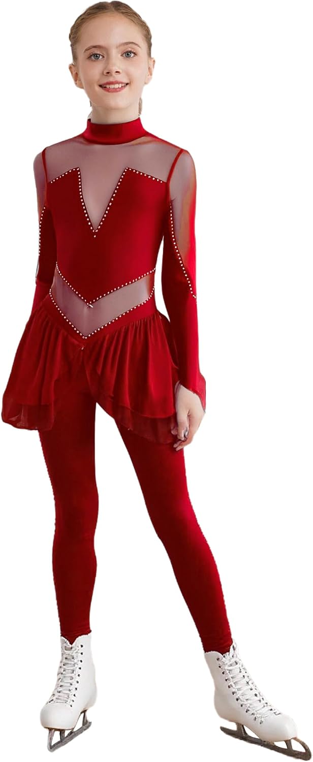 Kids Girls Figure Ice Skating Outfit Long Sleeve Dance Unitard Full Body Gymnastics Leotard Shiny Catsuit