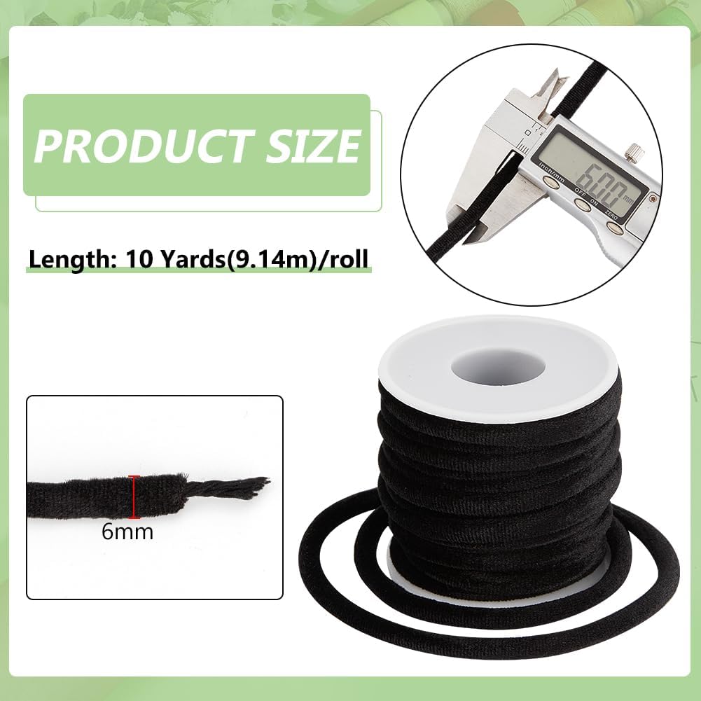 BENECREAT 10 Yards Velvet Cord for Crafts, 6mm Black Round Tubing Fabric Cord with A Spool, Piping Trim Velvet Cord Trim for Sewing, Pillow Curtains Cloth Trimming Accessories