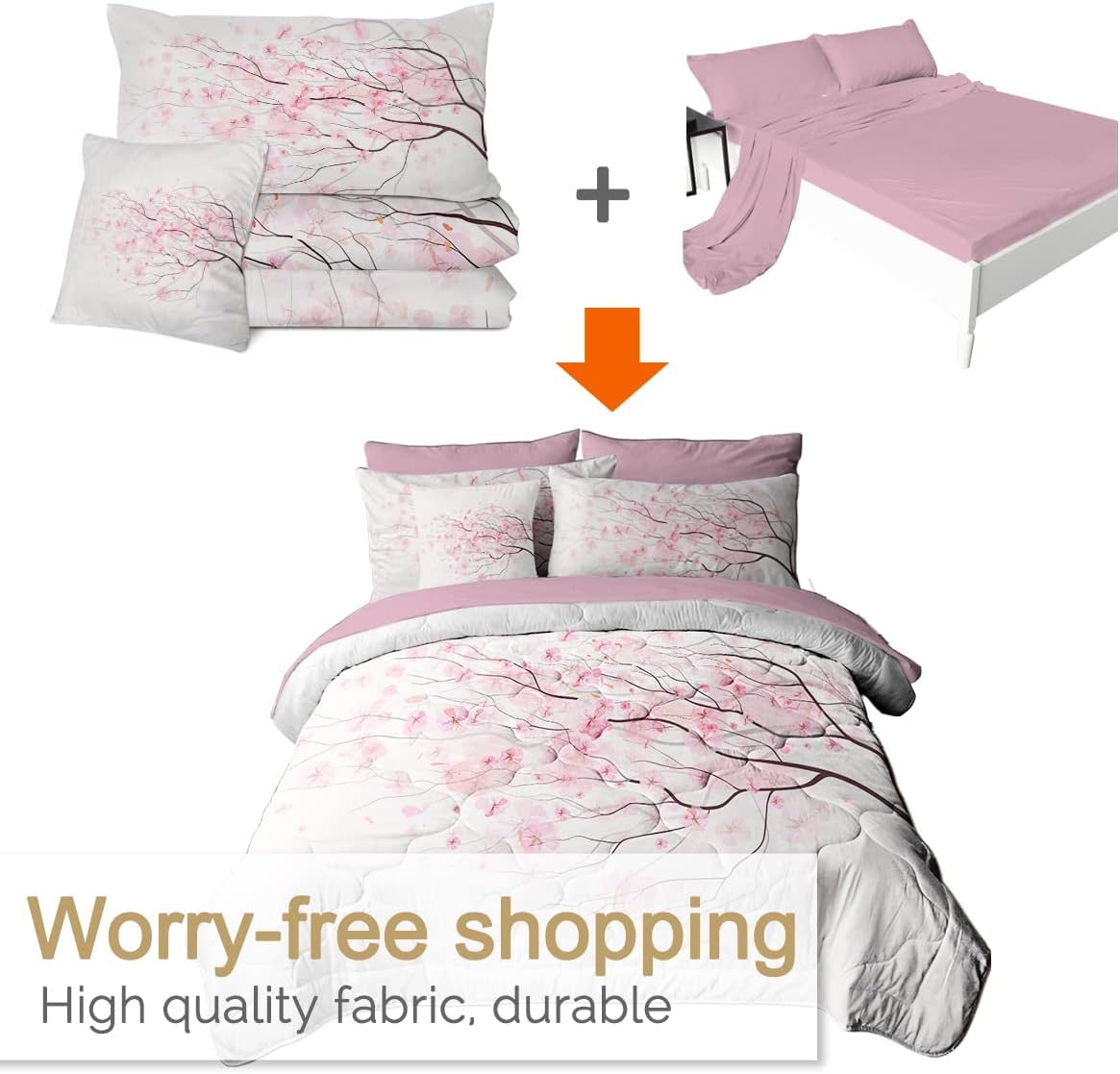 BlessLiving Spring Floral Comforter Set, 8 Pieces Bed in a Bag, Pink Sakura Cherry Flower Bedding Sets, Lightweight Comforter Set for Full Bed (Comforter, Sheets, Pillowcases, Shams & Cushion Cover)