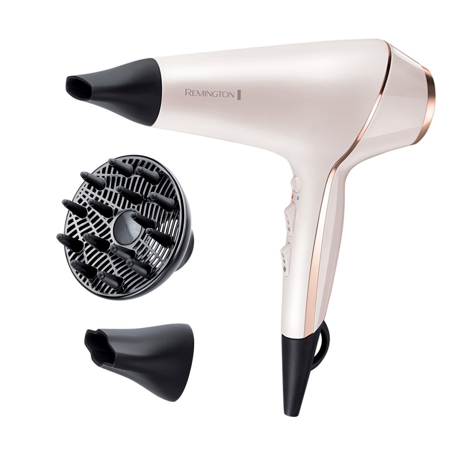 Remington PROluxe Hair Dryer (OPTIheat Technology for Long-Lasting Results, Ionic Conditioning for Frizz Free Hair, Diffuser, 2 Concentrators, Powerful, Professional Results, 2400W) AC9140