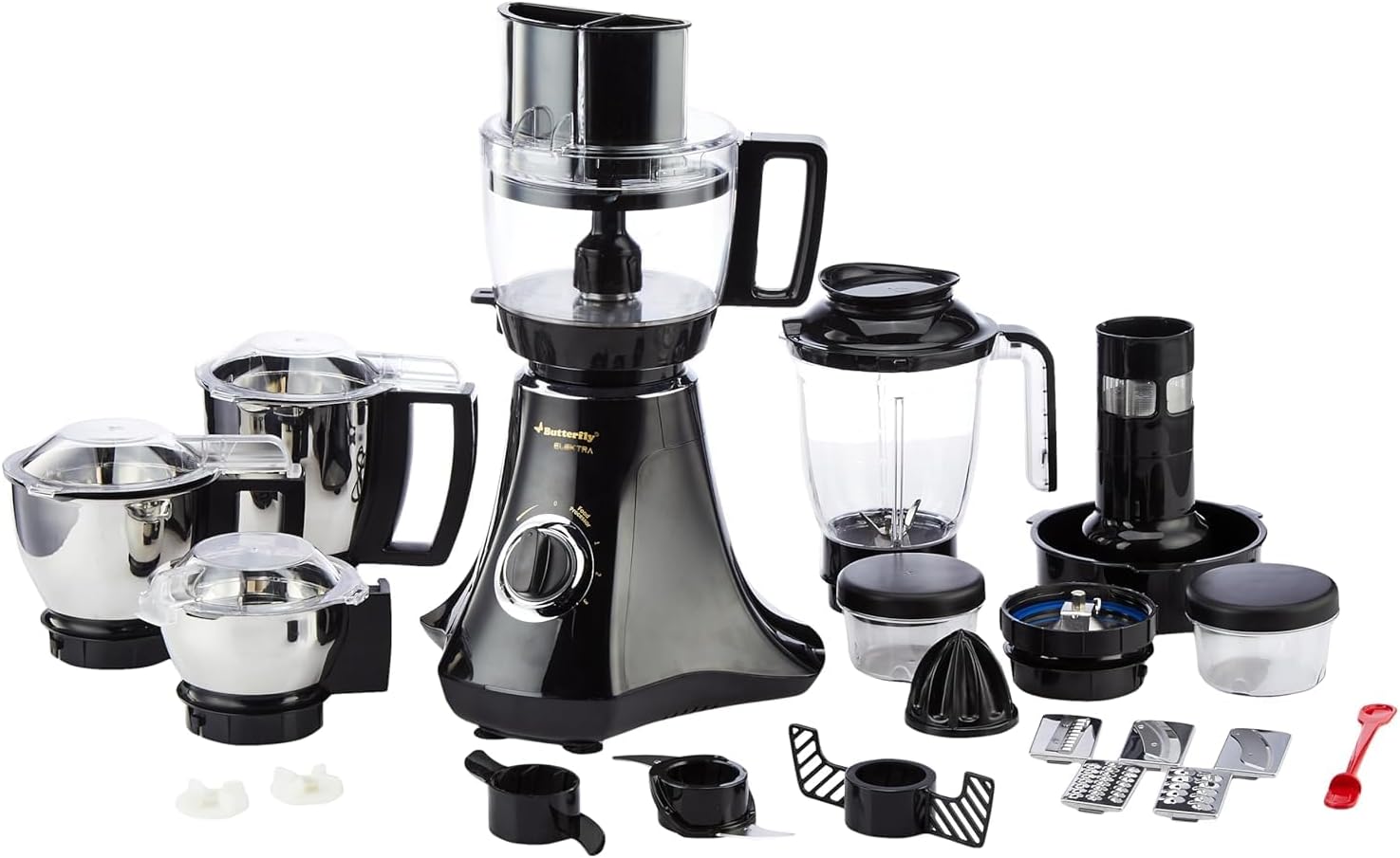 Butterfly Elektra 750 Watts Food Processor with 6 Jars & 9 Attachments | FPSS Technology (Food Processor Selective Speed) LED Indicator | Smart Grind & Store Jar | 7 Years Warranty for Motor | Black