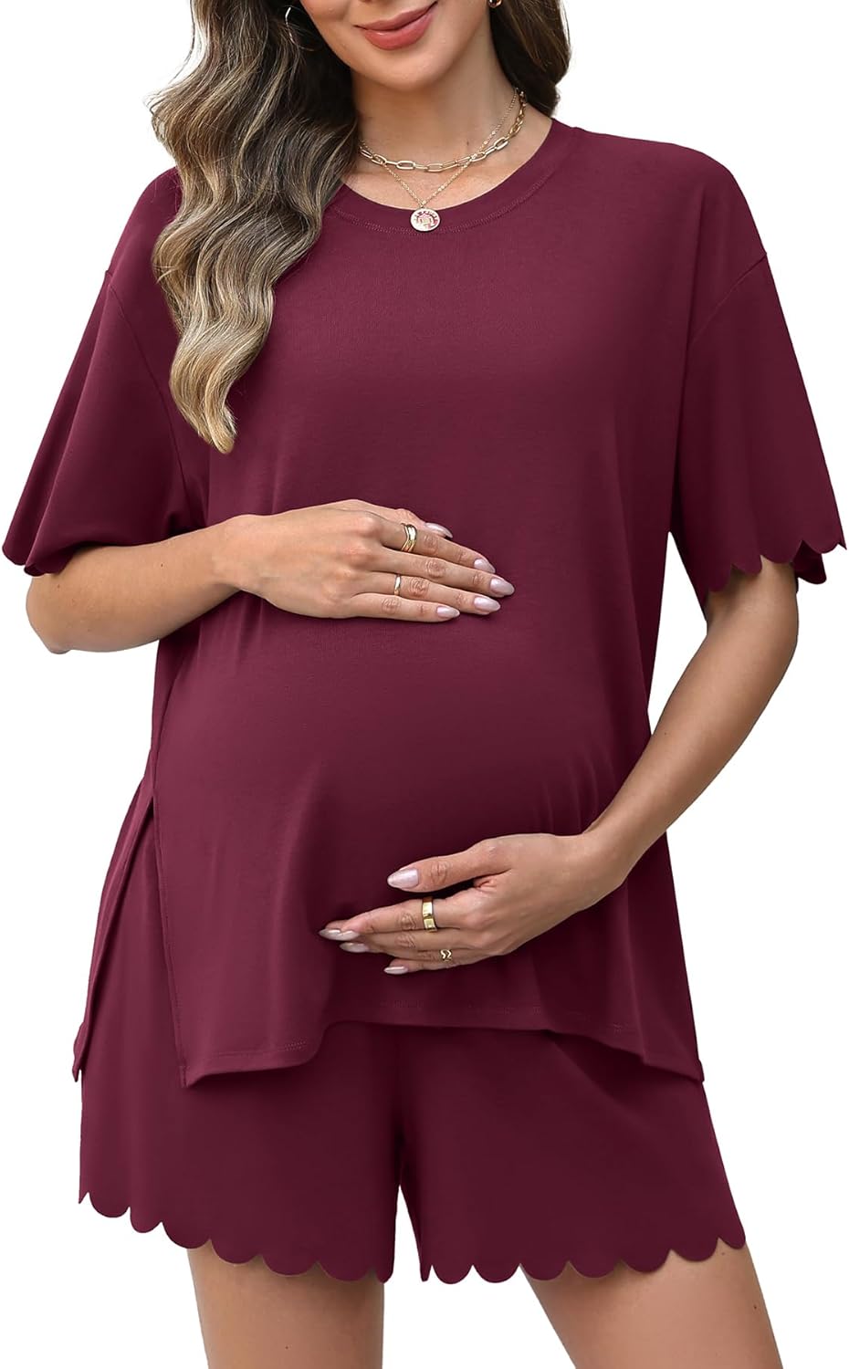 Charmo Two Piece Sets Women Scalloped Maternity Set Vacation Outfits 2026 Side Split Shirt Drawstring Over Belly Short Pocket