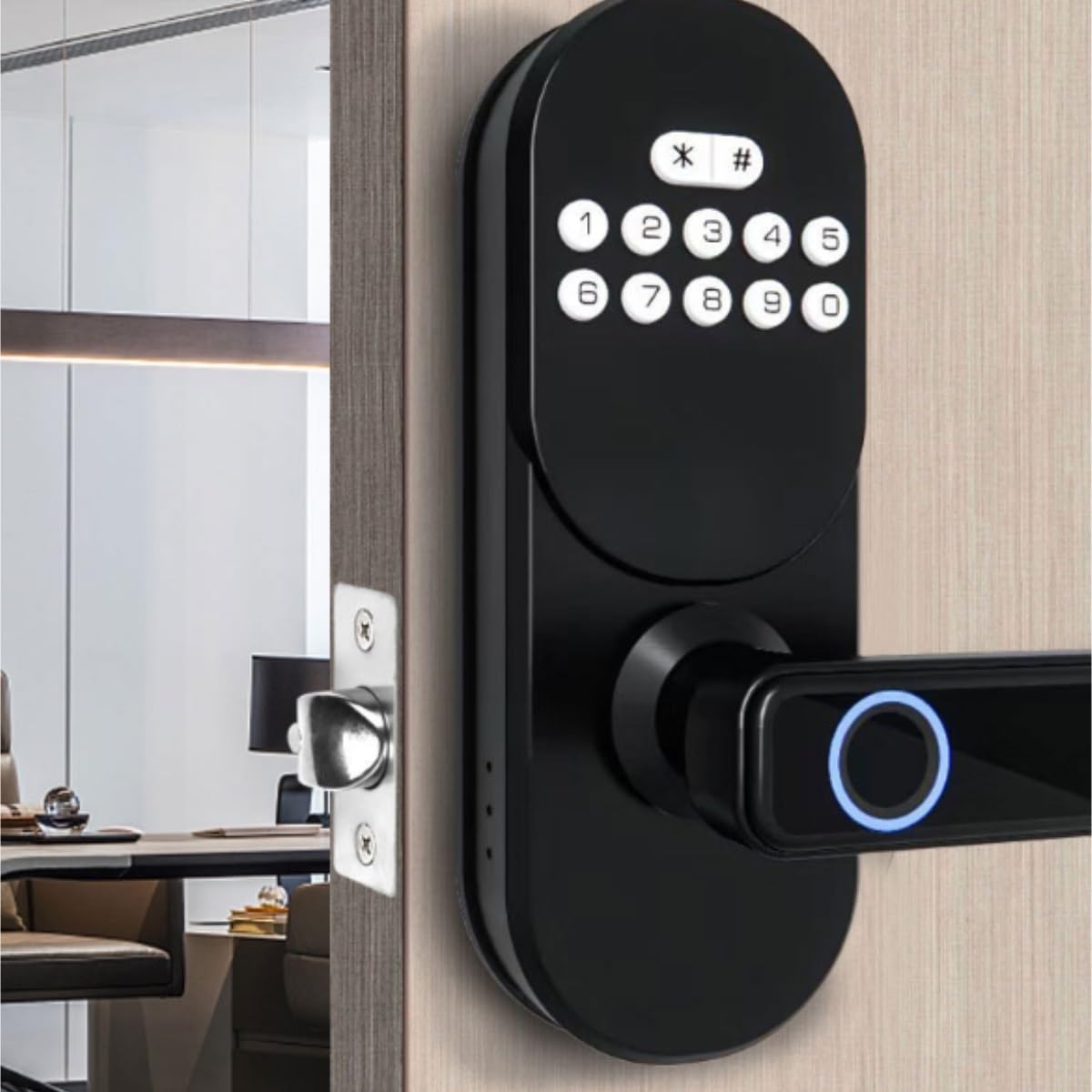 cerradura inteligente Cerradura de puerta de entrada sin llave con manija, cerrojo de huella digital inteligente, control de aplicación y desbloqueo de contraseña del teclado(Bluetooth version)