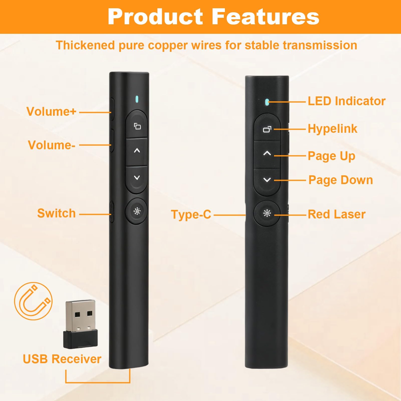 Télécommande Présentateur 2.4GHz USB sans Fil Rechargeable avec Hyperlien Contrôle du Volume pour Powerpoint Enseignement Bureau Mac PC Noir