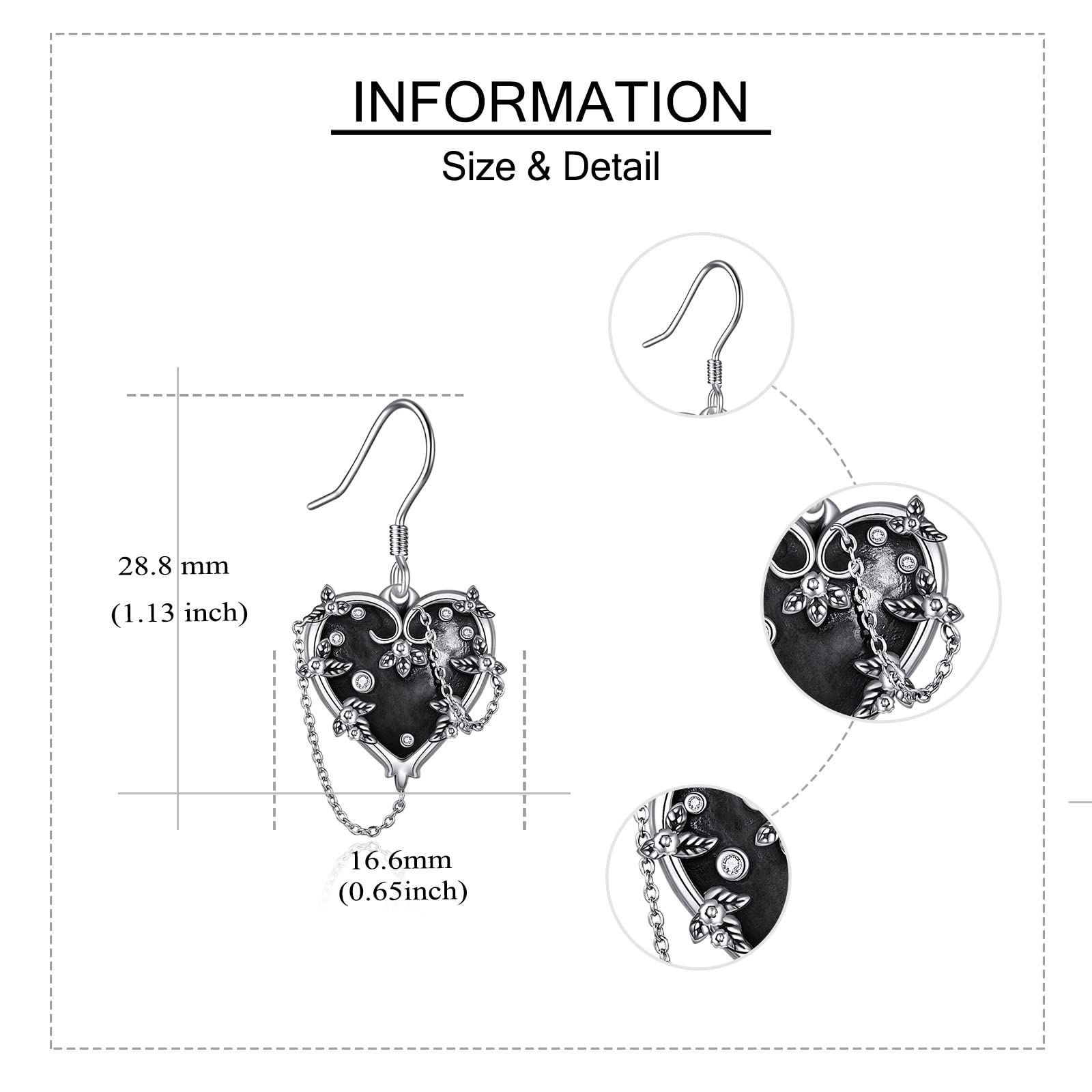Orecchini gotici a forma di cuore, da donna, in argento Sterling, con ciondolo a forma di cuore e streghe, gioielli gotici neri, regalo di Halloween per donne, 16.6 mm x 28.8 mm, Argento sterling, non
