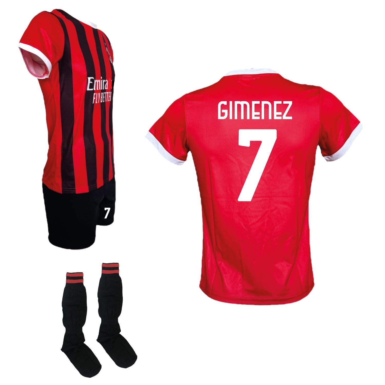 Completo Calcio M i l a n Gimenez 7, Maglia e Pantaloncini con Calzettoni, Rosso e Nero Taglie da Bambino Ragazzo (IT, età, 8 Anni, Regular, Rosso)
