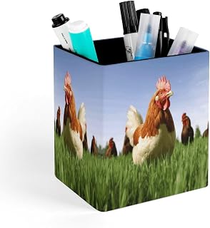 Square Pen Holder,Funny Chicken Grass Print Square Pen Cup,PU Square Pen Holder Suitable for Office Home And Stationery Supplies., 11x9x7.8cm