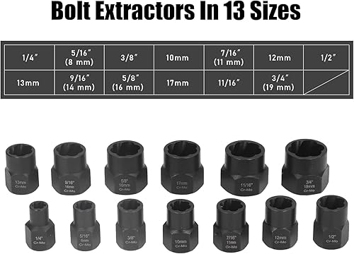 Miniatura 6 de Juego de llaves de extracción de 13 piezas, juego de extractor de tuercas de perno de impacto, juego de herramientas extractoras de pernos con