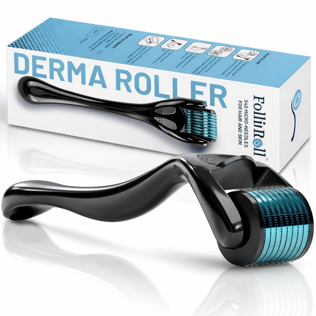 Derma Roller – 540 Titanium Microneedles for Hair, Beard & Skin | Microneedling Roller for Face & Scalp | Includes Storage Case (Blue)