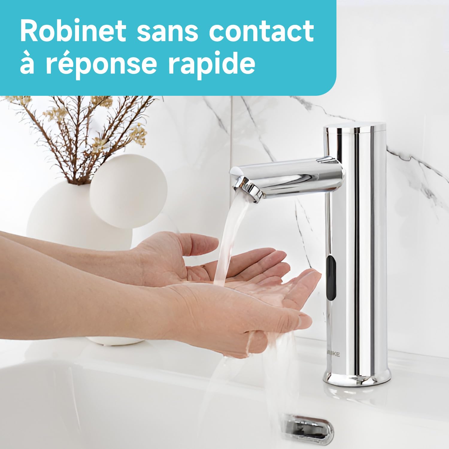 AIKE Robinet Commercial À Capteur Pour Salle De Bain, Sans Contact, Fonctionnant Sur Batterie, AK7501 Chrome