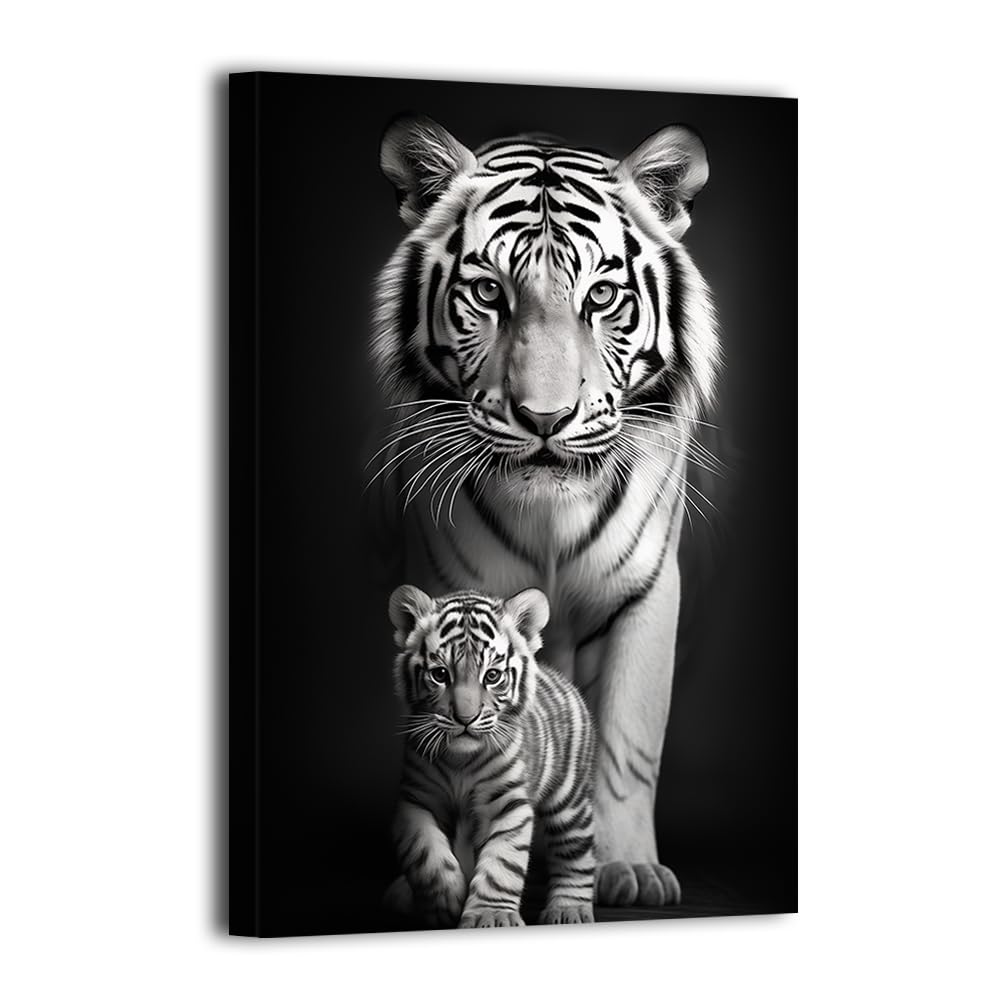 LURENCZH Tiger Canvas Wall Art Black and White Tiger Picture Prints Wild Animal Painting for Living Room Kid Room Decor Framed(Animal-2,12.00" x 18.00")