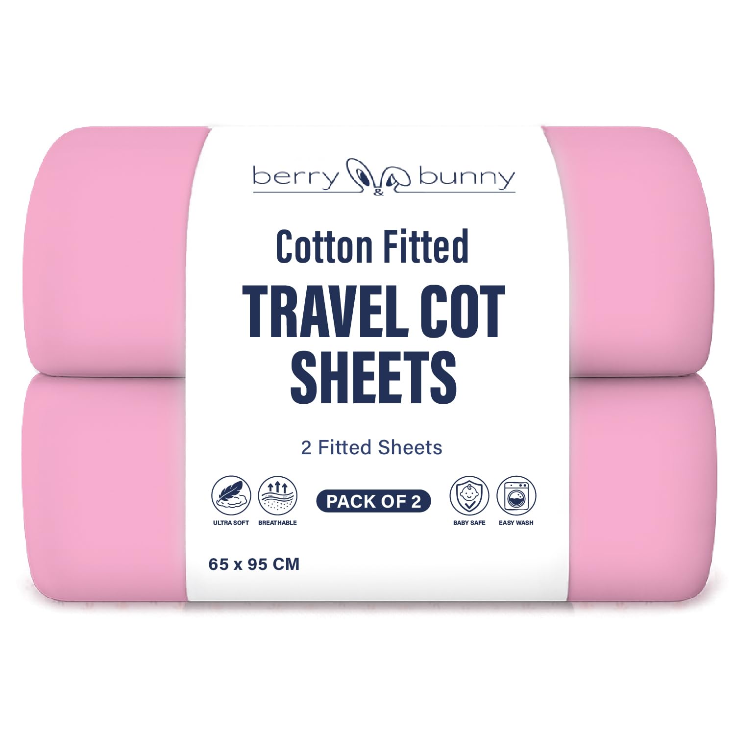 Berry and Bunny 100% Cotton Travel Cot Sheets Pack of 2, Soft Breathable Baby Fitted Sheets 65 x 95 cm, Elasticated Mattress Protector Cover, Deep Fit Baby Bedding All Seasons