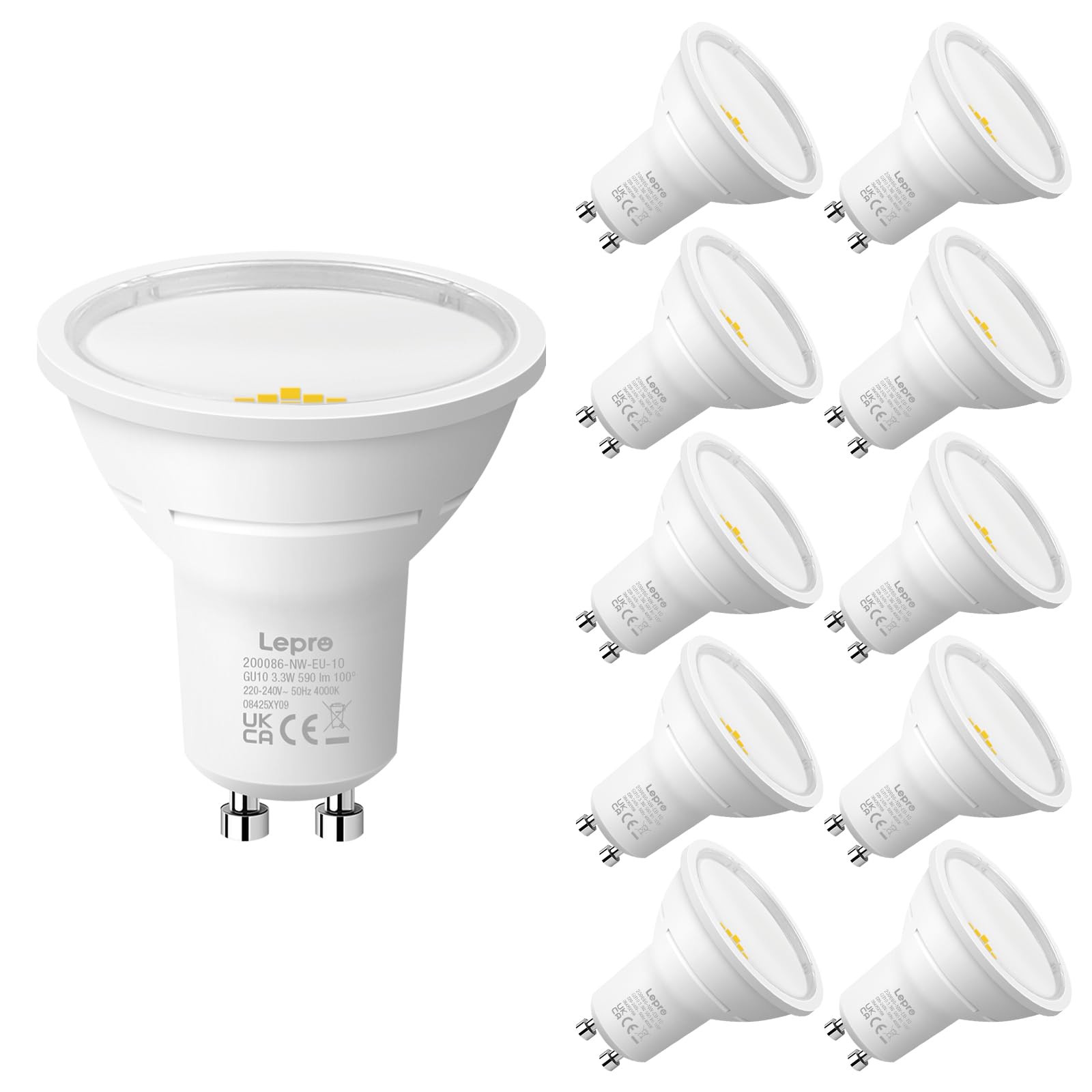 Lepro Neutral White Gu10 Led Bulbs, 4000K, A Energy Class, 590Lm, 3.3W (50W Equivalent), 100° Wide Beam Angle, 50000H Long Life, Energy Saving Led Spotlight Bulb, Non-Dimmable, Pack Of 10