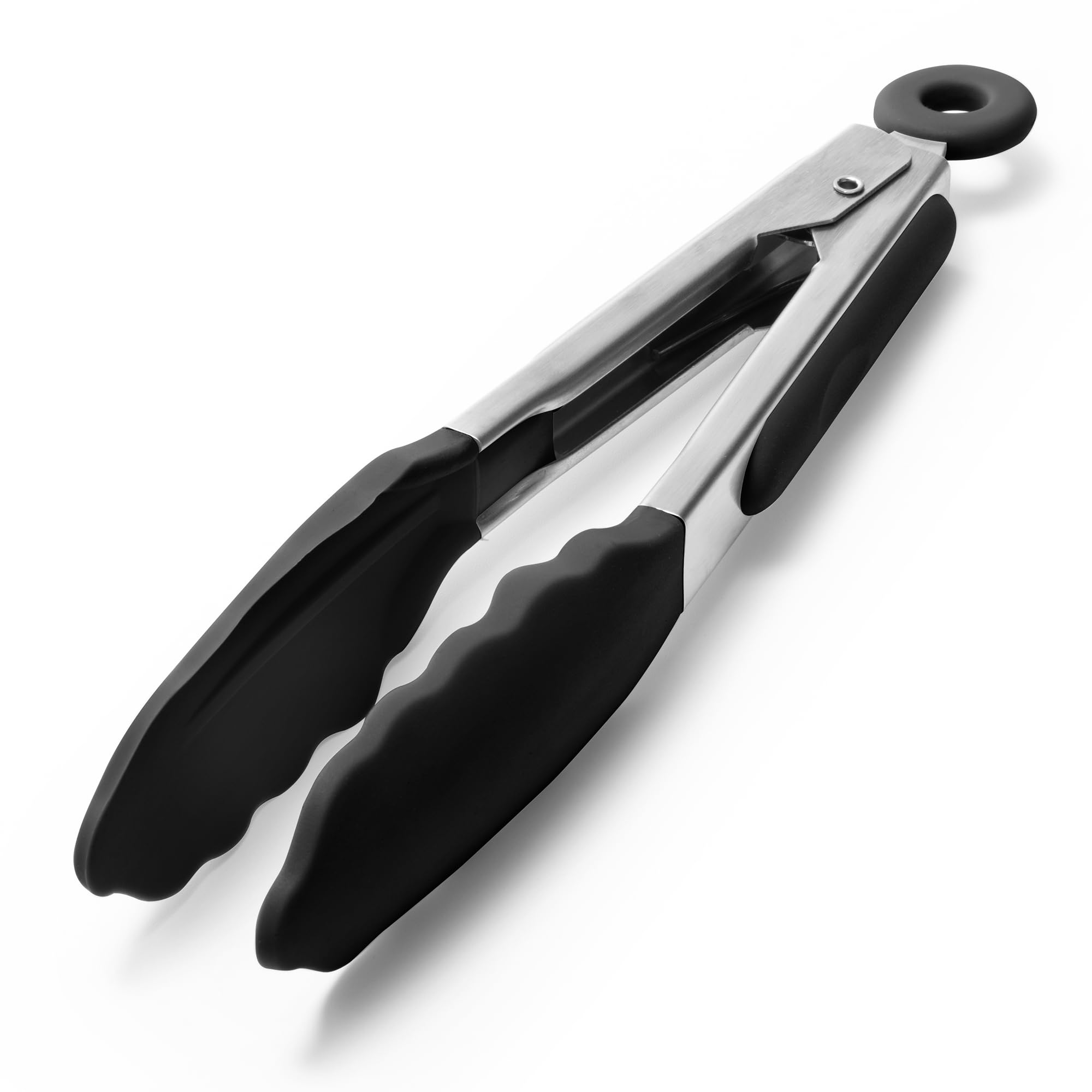 Doosu Kitchen Cooking Silicone Tongs，315℃ Heat Resistant Locking Tong with Non-Scratch Tipped, 18/8 Stainless Steel Heavy Duty Utensils for BBQ, Air Fryer, Serving Salad (18cm, Black)
