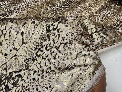Metallic Snake Skin Print Python Leopard Animal Fabric Linen Look Cotton Blend Curtain Decor Dress - 140cm Wide - Gold (3 Metres)