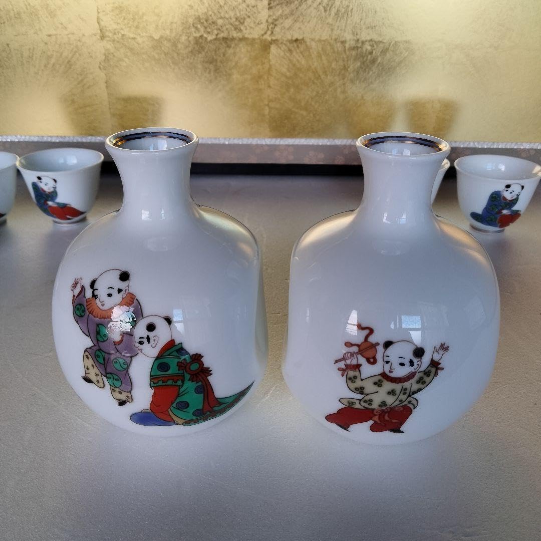 0524 有田焼 鶴松窯 酒器揃 かわり 徳利×2、お猪口×5 化粧