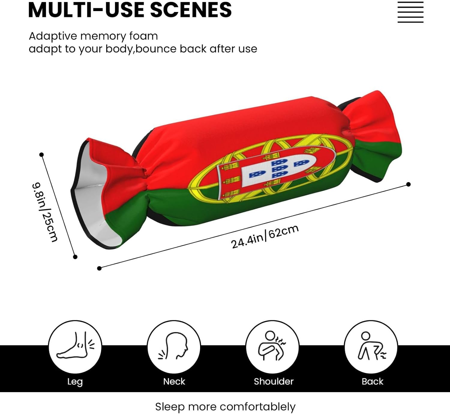 Portuguese Flag Cylindrical Pillow-Premium Bed Pillows, Side Sleeper Neck Support, Decorative Candy Design, Soft and Durable