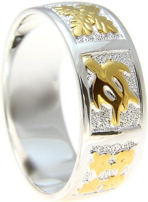 Arthur's Jewelry Sterling silver 925 Hawaiian 2 tone yellow gold plated honu turtle quilt 8mm band ring size 3 to 14