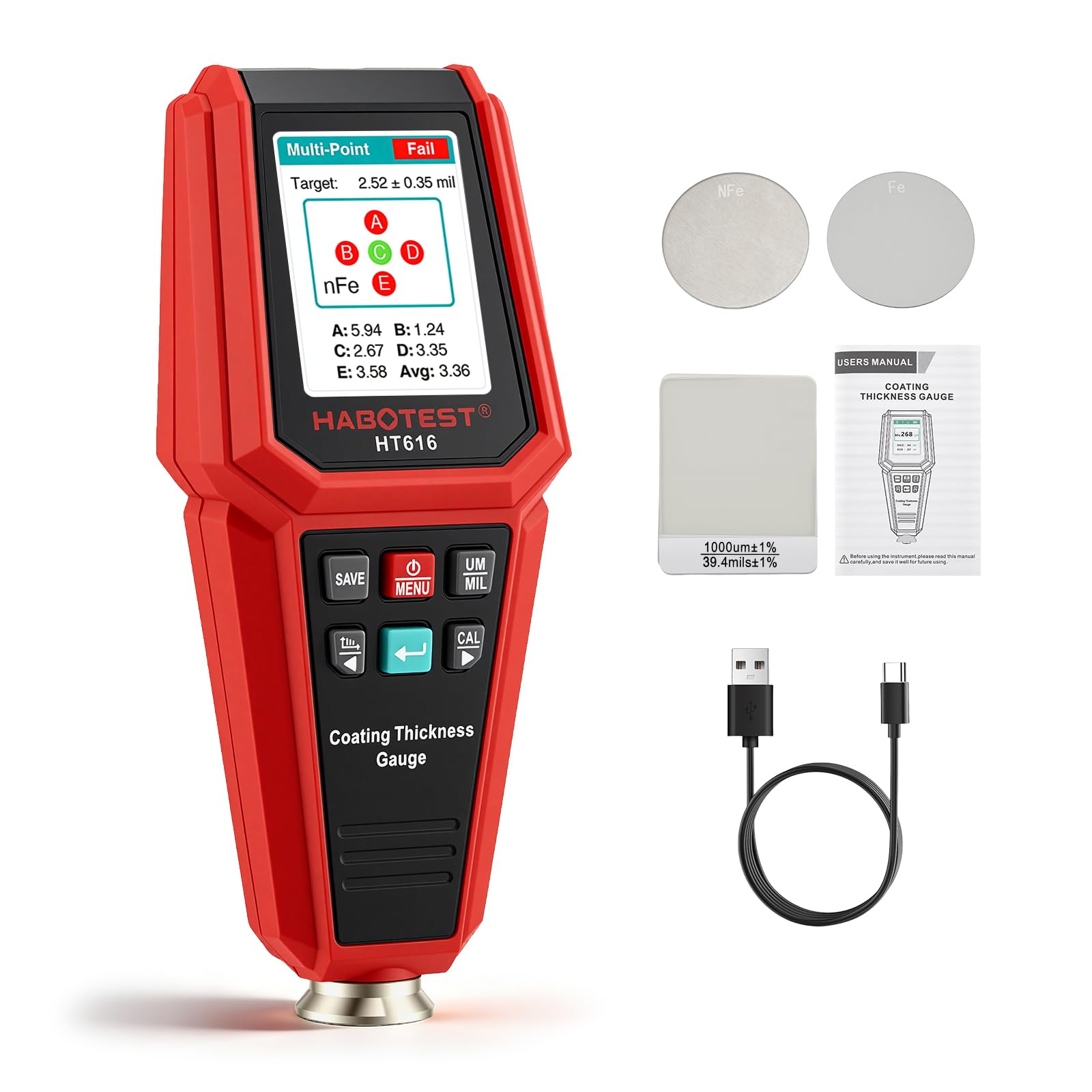 Spessimetro per Vernice Auto, Misuratore Digitale con Grafico a Barre, Schermo a Colori Retroilluminato 4 Vie, Allarme di Soglia, Sonda Fe/NFe