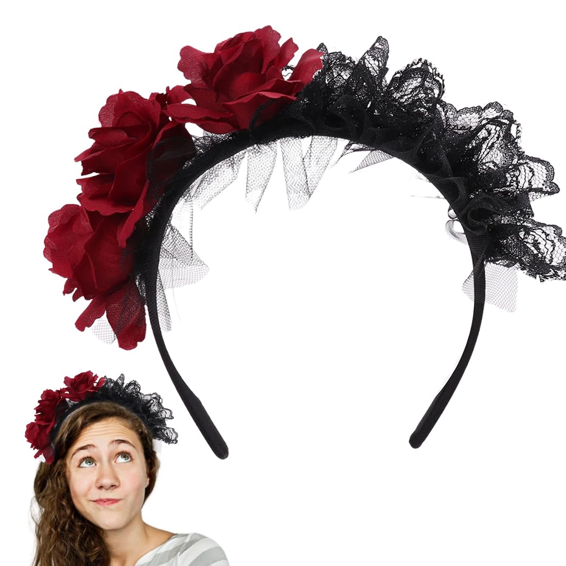 UZEXYO Red Rose Headband Halloween Flower Crown Gothic Accessories for Women Black Lace Headdress Day of the Dead Costume Headpiece